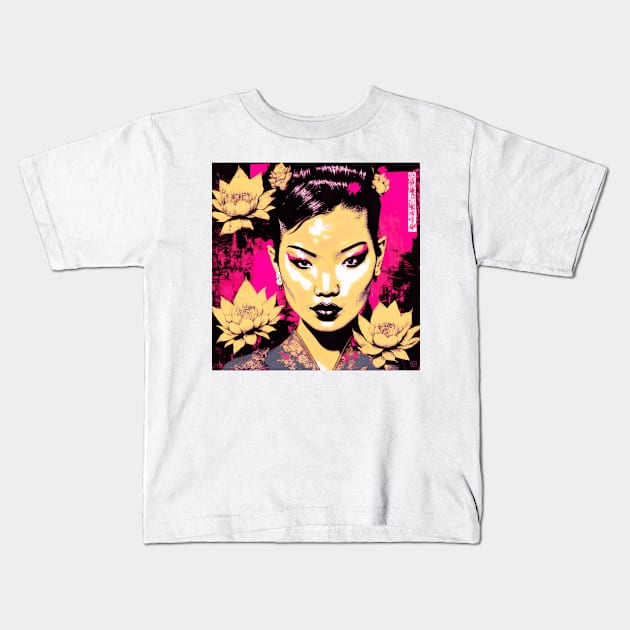 [AI Art] Nonexistent Asian woman with lotus flowers in the spirit of the works of Herman Brood Kids T-Shirt by Sissely